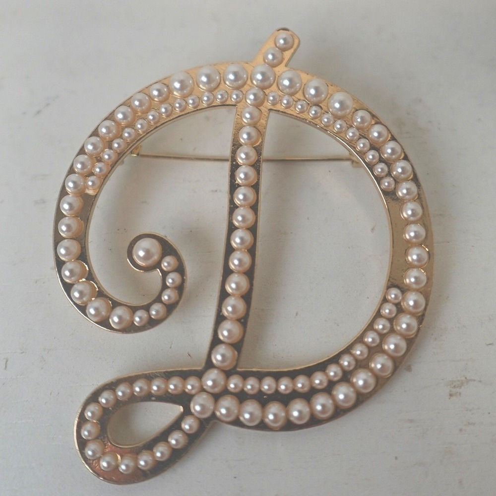 Letter "D" Brooch Gold Tone Pearl Script Font 2 inch Maximalism Jewelry